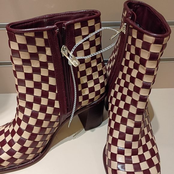 ANTONIO MELANI Burgundy and Cream Checkered Heeled Boots - Picture 1 of 3
